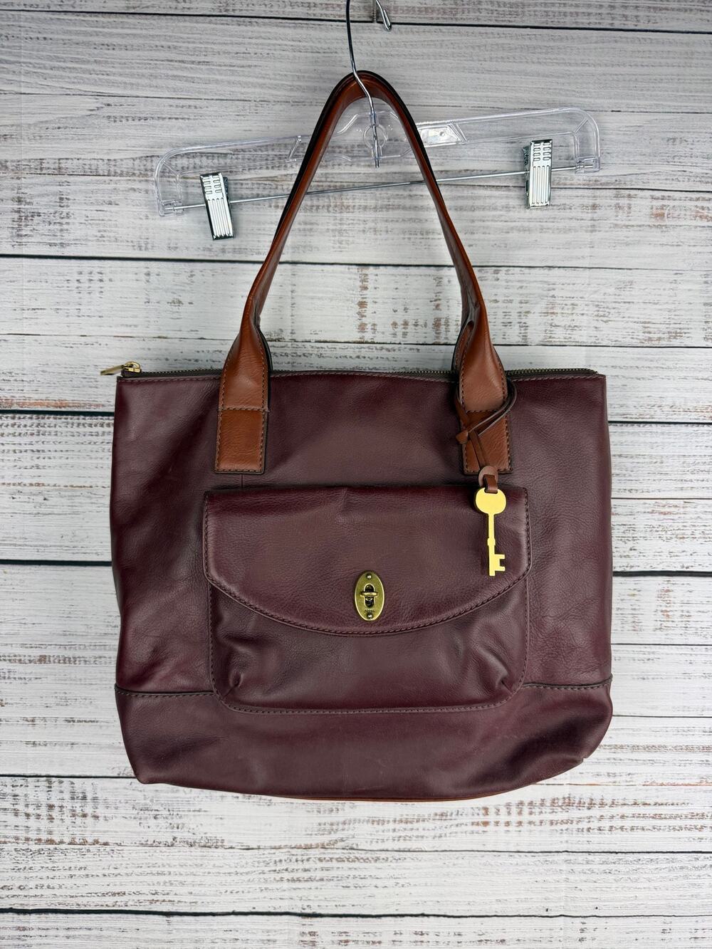 Fossil Vintage Classic Shopper Tote Bag Shoulder Brown Key Charm Genuine Leather